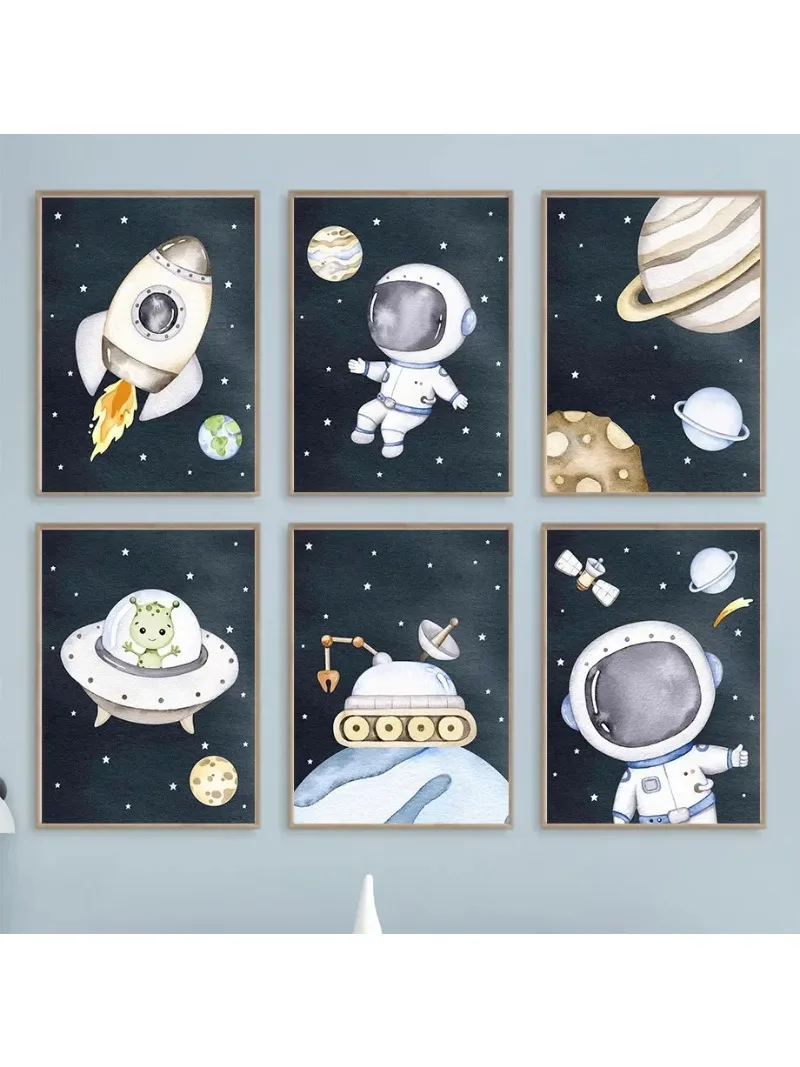 Cute Cartoon Astronaut Space Planet Rocket Satellite Car Minimalist Wall  Print Canvas Painting Poster for Modern Home Decor