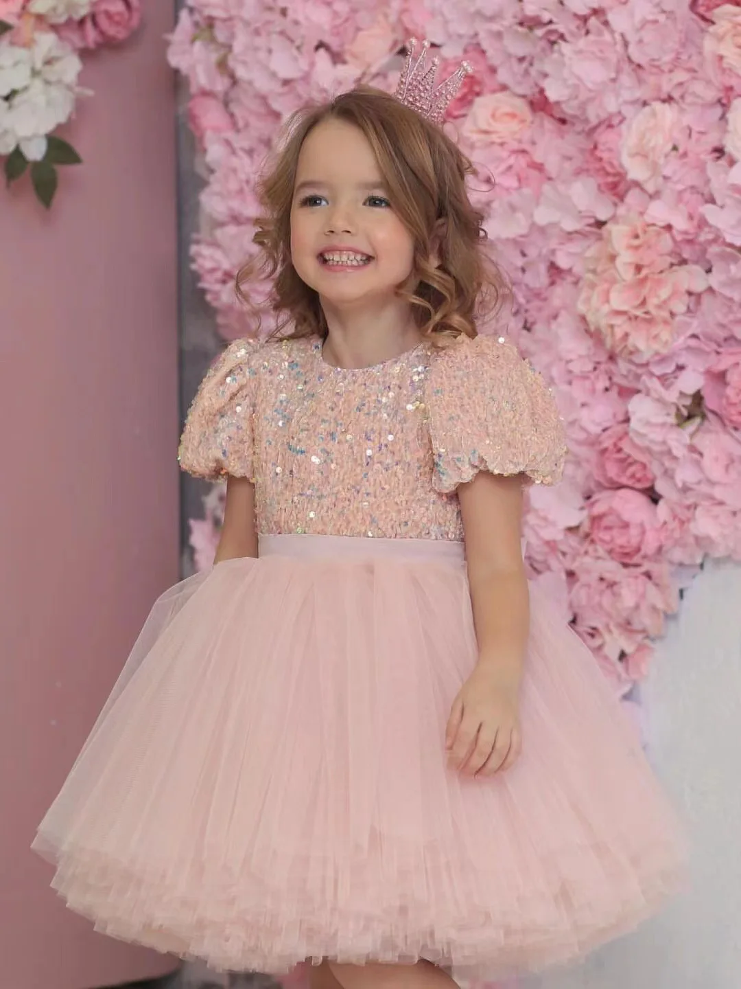 

Glitter Pink Flower Girl Dress with Short Sleeve Scoop Neck Baby Girl Tutu Outfit Princess Wedding Gown Kid Birthday Dresses