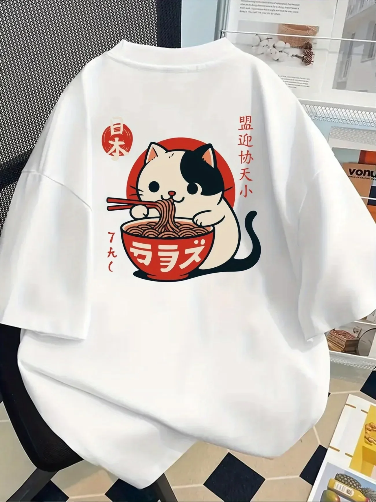 Harajuku Japanese Styler Cat Eat Ramen Cotton T Shirt Women's Kawaii Cat T-Shirt Crew Neck Short Sleeve Top Tee Summer