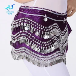 Women Gold Coins Belly Dance Waist Belt Shiny Belly Dancing Hip Scarf Velvet Indian Dance Costume Oriental Hip Scarf Wrap Skirt