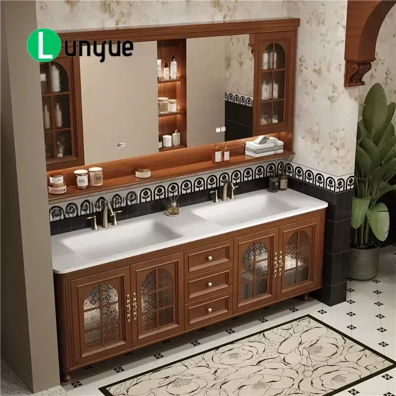 American Retro Double Sink Solid Wood Bathroom Vanity Set French Style Wash Basin Cabinet with Intelligent Defogging for Home