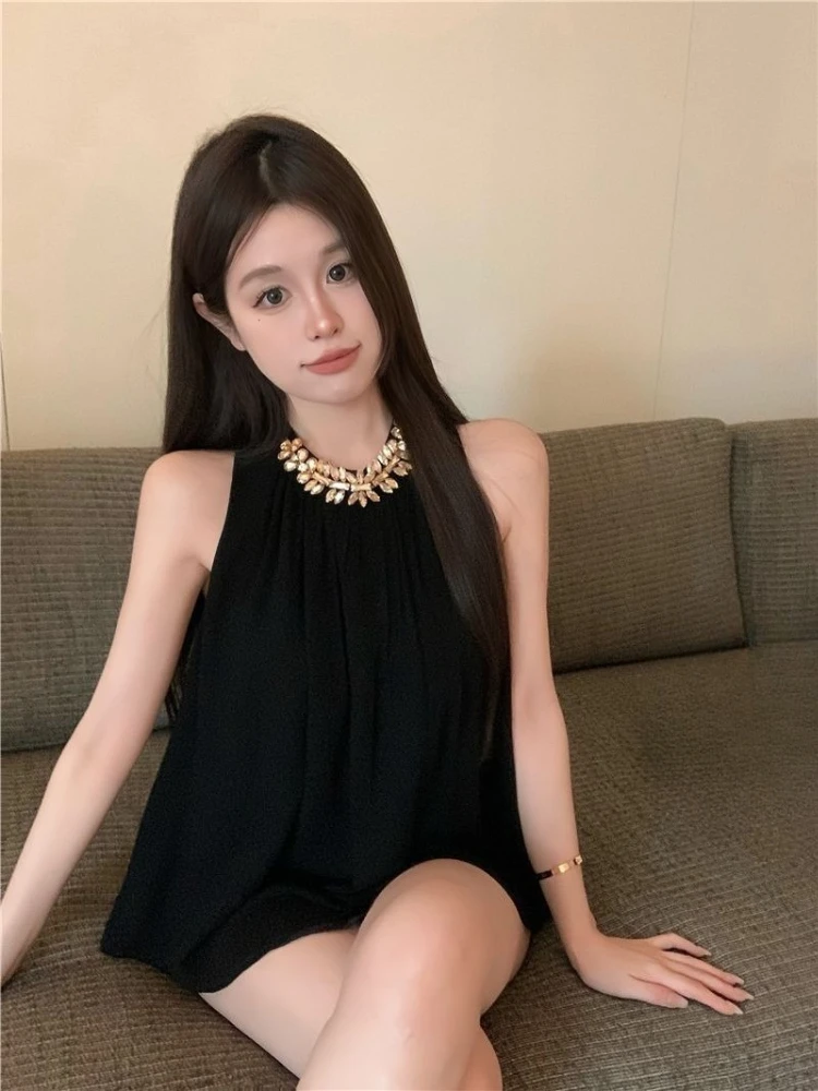 Women's Black Halter Chiffon Top 2026 Summer New Sequin Embellished Loose Casual Blouse Y2k Going Out Shirt
