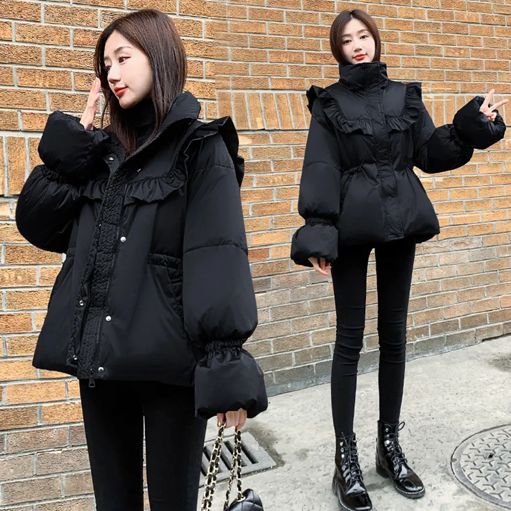 Fashion Ruffle Stand Collar Parkas Black Trumpet Sleeve Women Winter Jackets Elegant Ladies Cotton Outwear Coat Female Overcoat