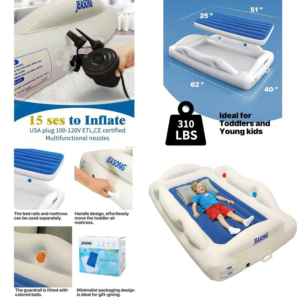 

Inflatable Toddler Bed with Safety Sides, Air Mattress & Electric Pump for Camping, Sleepovers, and Travel - Compact Crib Soluti