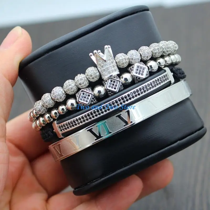 

HX6F 4 PCS Vintage Imperial Crown King Bracelet Pave CZ Zircon Bracelet Bangle Unisex