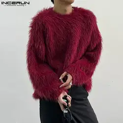 INCERUN-Pullovers masculinos de pelúcia monocromática com pescoço o, streetwear de manga comprida, roupas masculinas casuais, suéteres elegantes, S-5XL, Outono, 2023