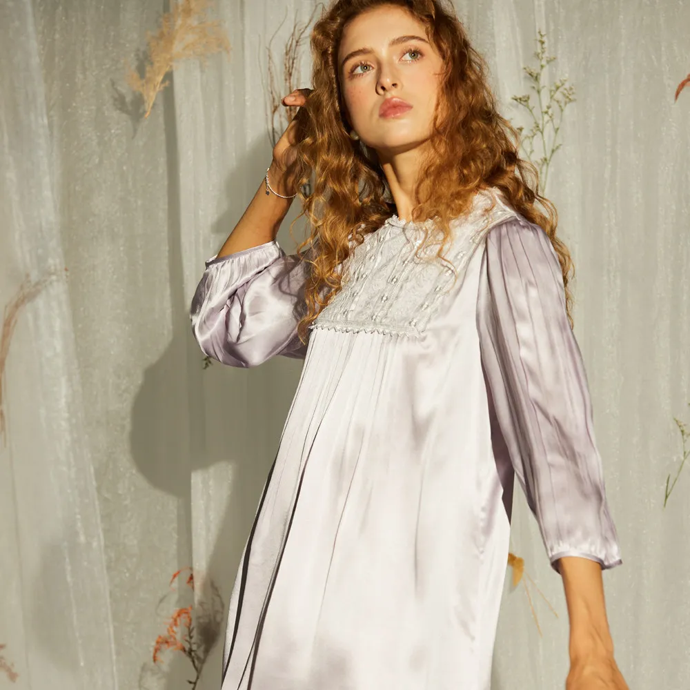 Spring Autumn 100% Mulberry Silk Vintage Long Sleeve Shirt & Trousers Pajama Set Chic Lace Princess Loungewear 2Piece for Women