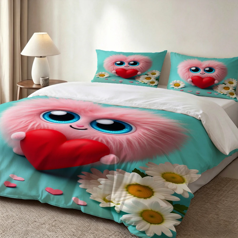 

High-Definition Digital Printed Bedding Set, Cute Cartoon Printed Duvet Cover Set, Large Floral Print Duvet Cover Set, Includes 1 Duvet Cover + 2 Pillowcases, Suitable for Bedroom, Guest Room, Home Decoration, Polyester Fiber Duvet Cover + Pillowcase Thre