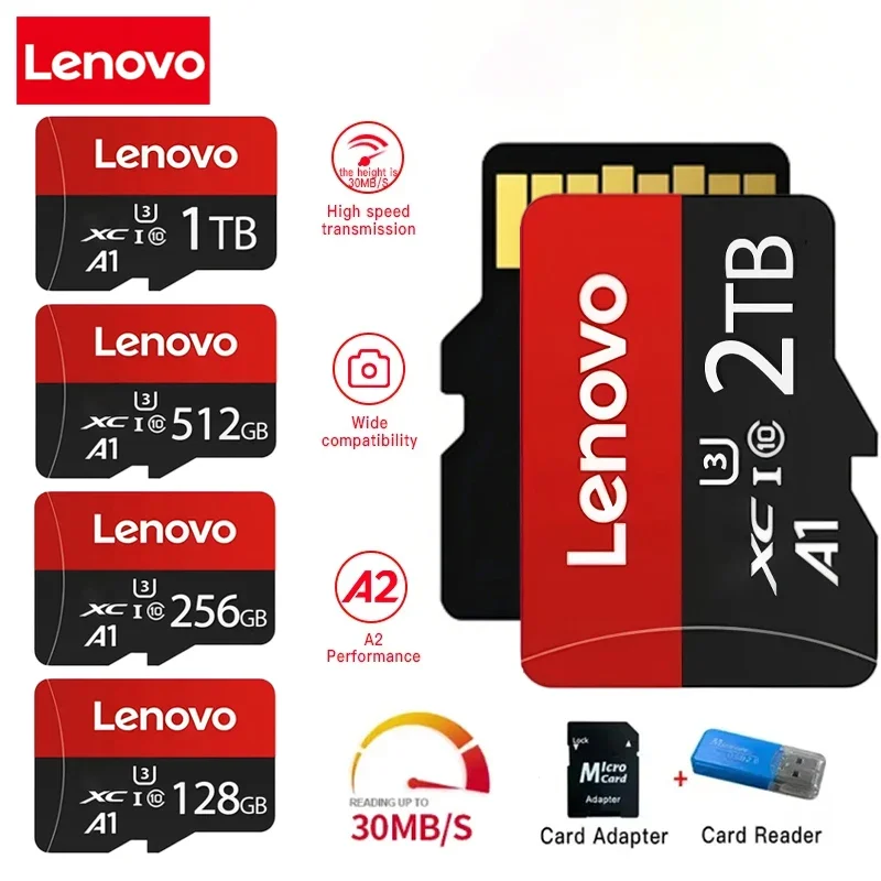 Carte SD Lenovo 2TB haute vitesse V30 A2 4K, carte mémoire 512GB 256GB 128GB 1TB, adaptateur Micro TF SD pour smartphone/tablette/PC, utilisation multi-appareils