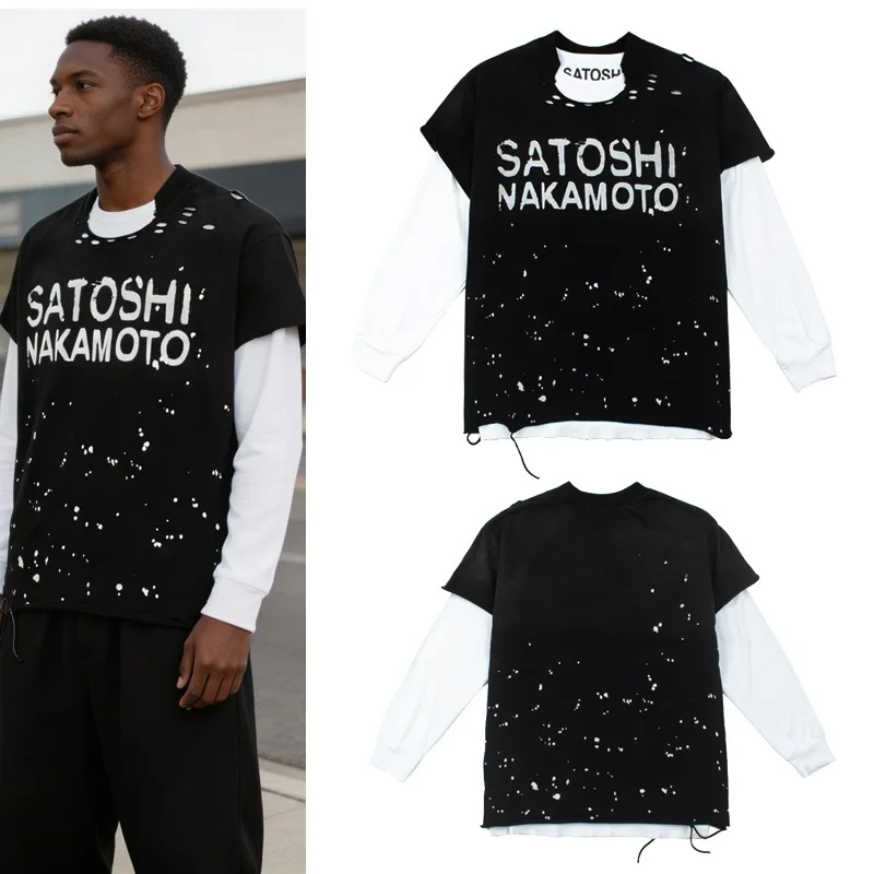 Satoshi Nakamoto Street Streetwear Denim Patched Classic Long T-Shirt Set for Men and Women on Ins