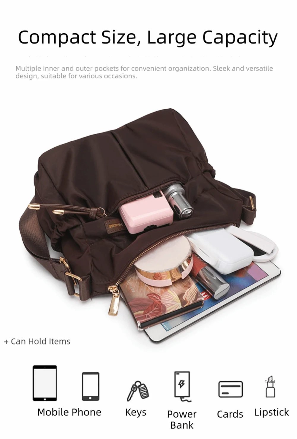 Lässige Nylon-Umhängetasche, leichte, einfarbige Umhängetasche, große Kapazität, Einzelschultertasche für Damen – Detail 16