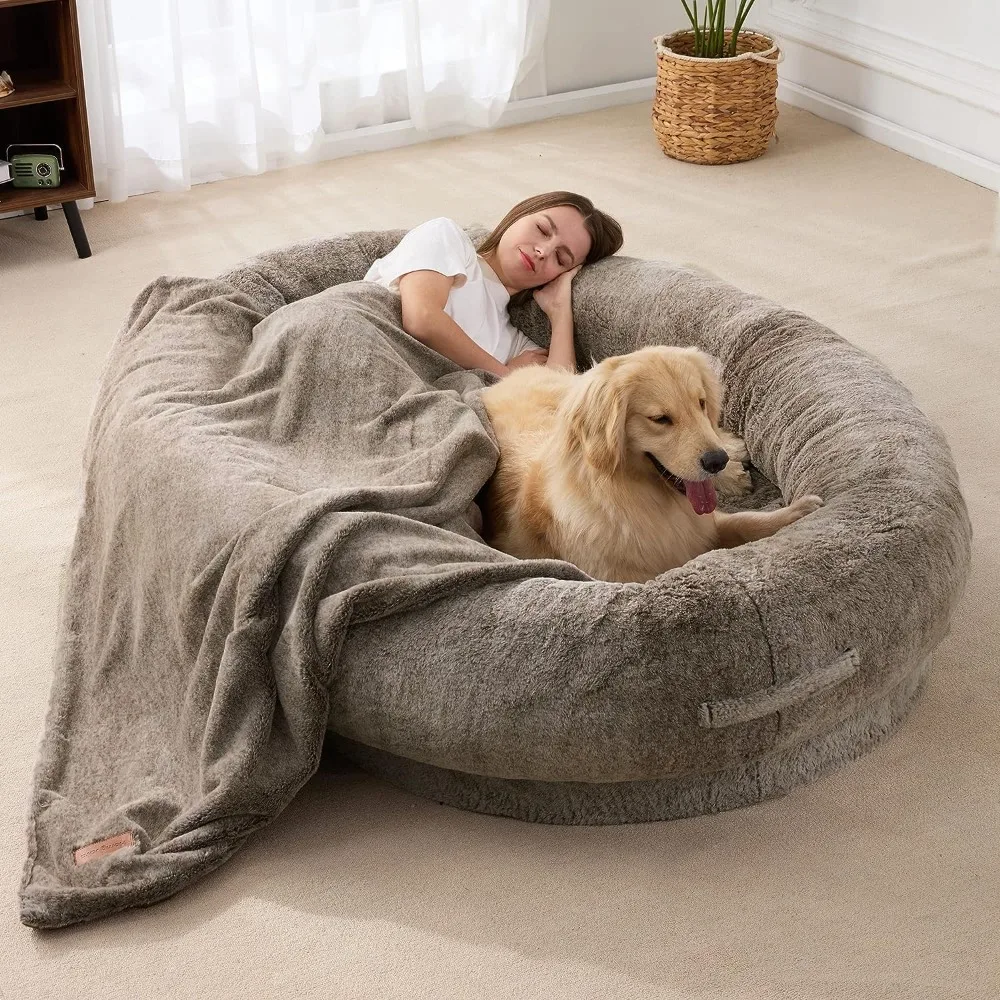 

Large Human Dog Bed Bean Bag Bed for Humans Giant Beanbag Dog Bed with Blanket for People, Families, Pets,72"x48"x10" (Brown)