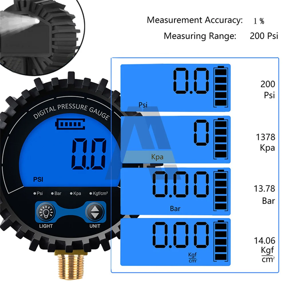 Jauge de pression d\'air numérique pour voiture et moto, écran LCD rétro4.2, filetage en cuivre, haute précision, 3-255PSI