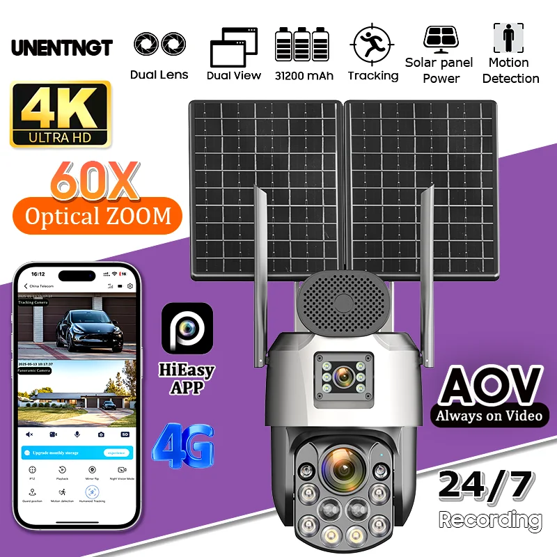 Cámaras solares AOV con grabación 24/7, zoom óptico 60X, lente dual, vigilancia 4G con eSIM, cámara PTZ de seguridad para exteriores con IA y seguimiento humano.
