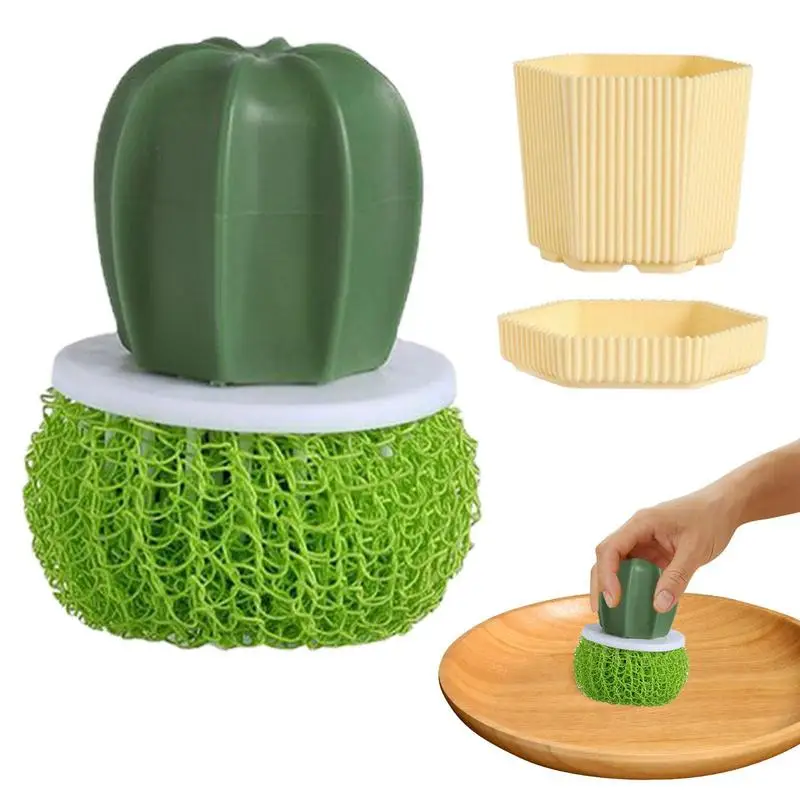 Dish Washing Scrubbers Detachable Sponge Cleaning Ball With Handle And Pot Kitchen Sponges Scrubber Pads For Plates Cactus