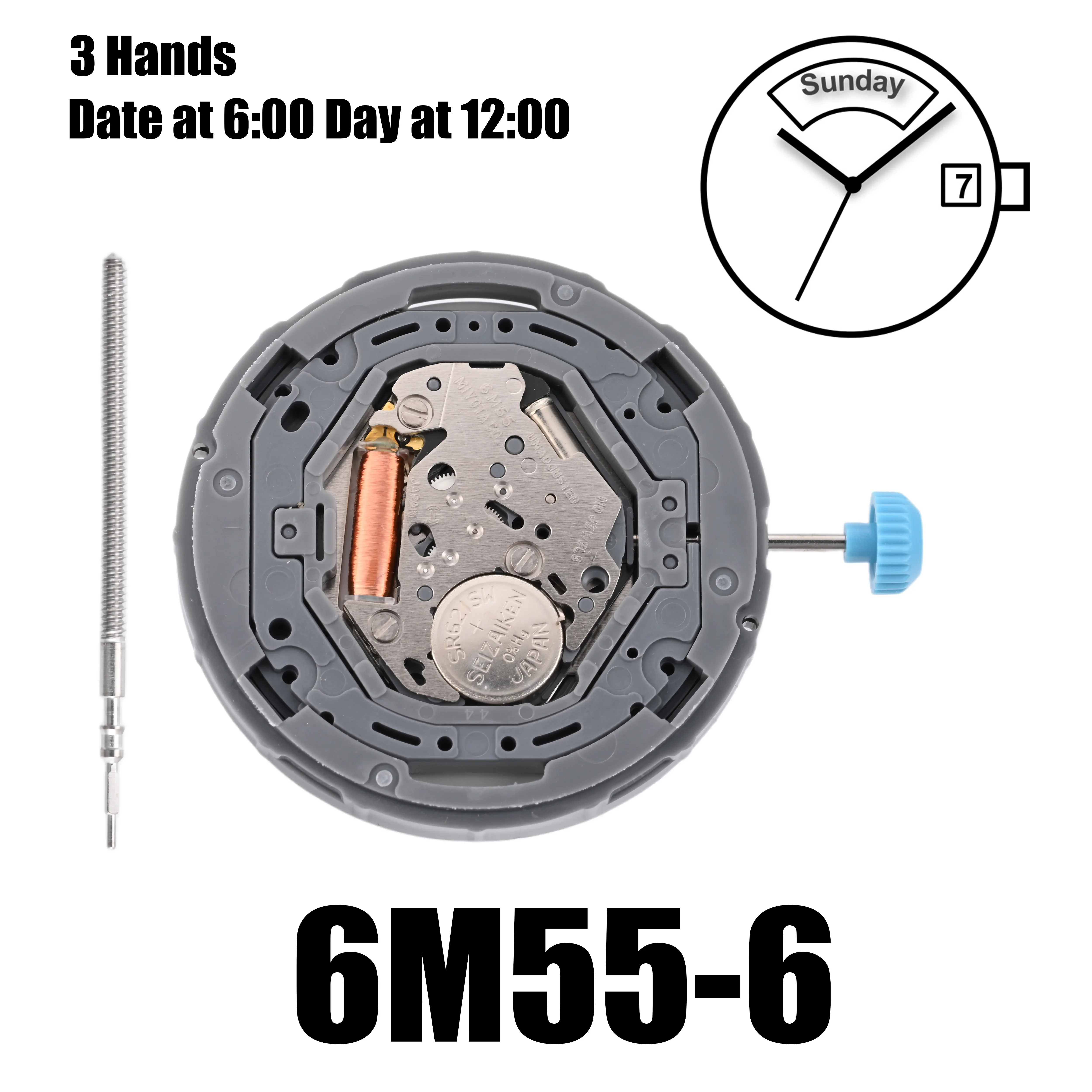 3ハンドウォッチムーブメントアクセサリー、6m55、miyota、6m55-6、最適な日付の日、6-6