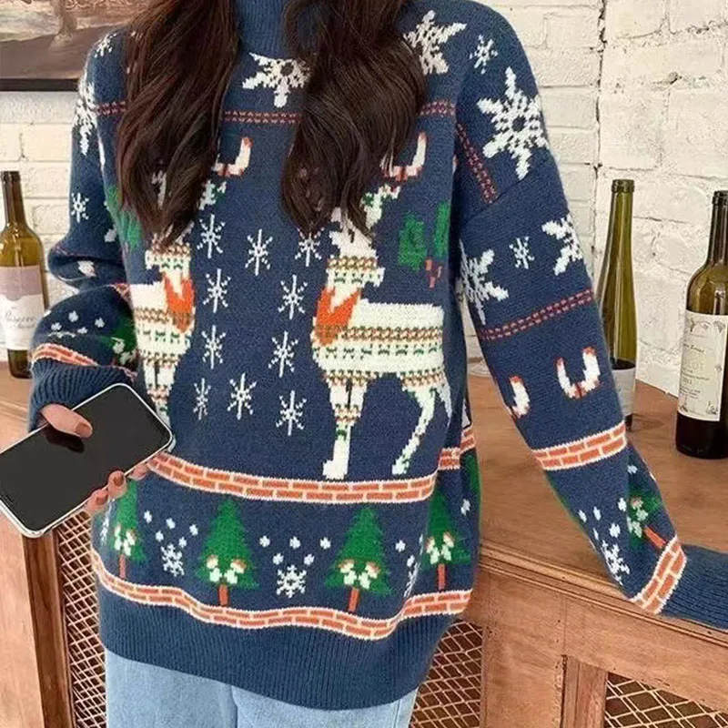 Autumn Winter Fashion Jacquard Christmas Sweaters Women Clothing Vintage Loose Warm Jumper Thick Knitted Pullovers