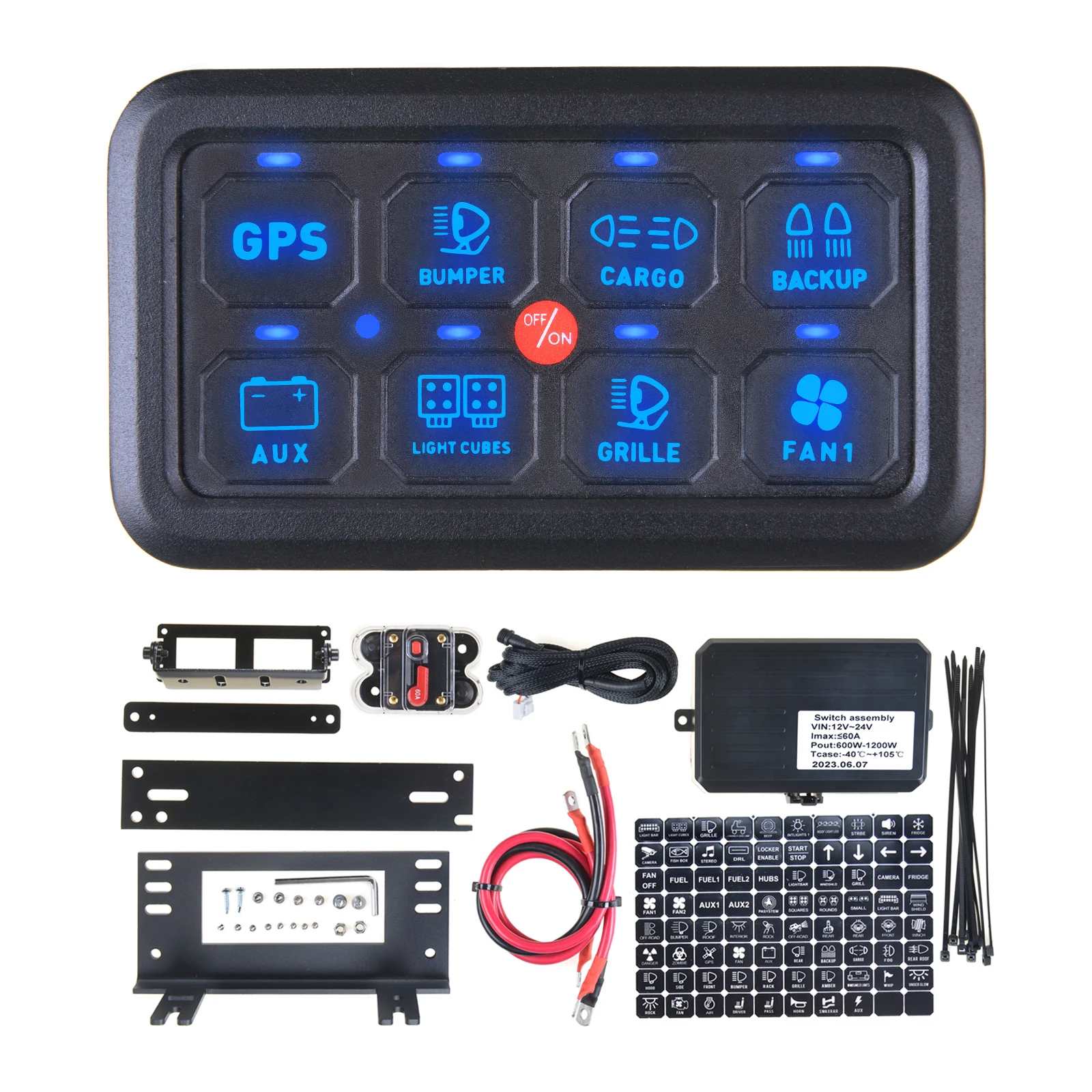 

10PCS 8 Gang Switch Panel Blue Light Waterproof Relay System Box with Automatic Dimmable Switch for Truck UTV SUV Boat