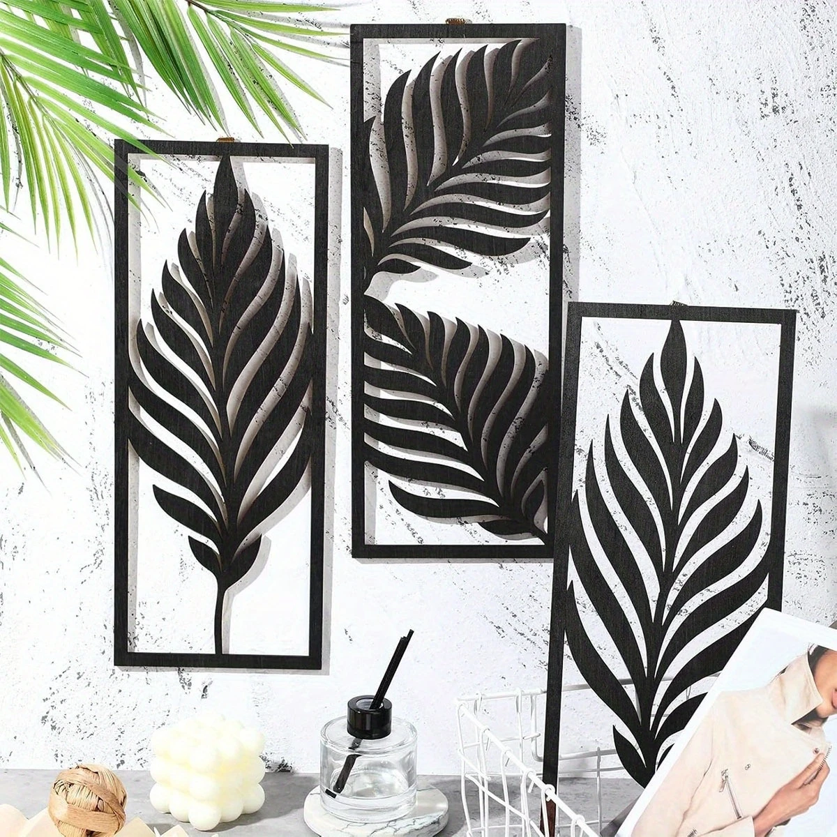 14in 3pcs 2D Rural-Style Wooden Leaf Wall Decoration with Bohemian Style Tropical Palm Design - Vintage Indoor/Outdoor Hanging