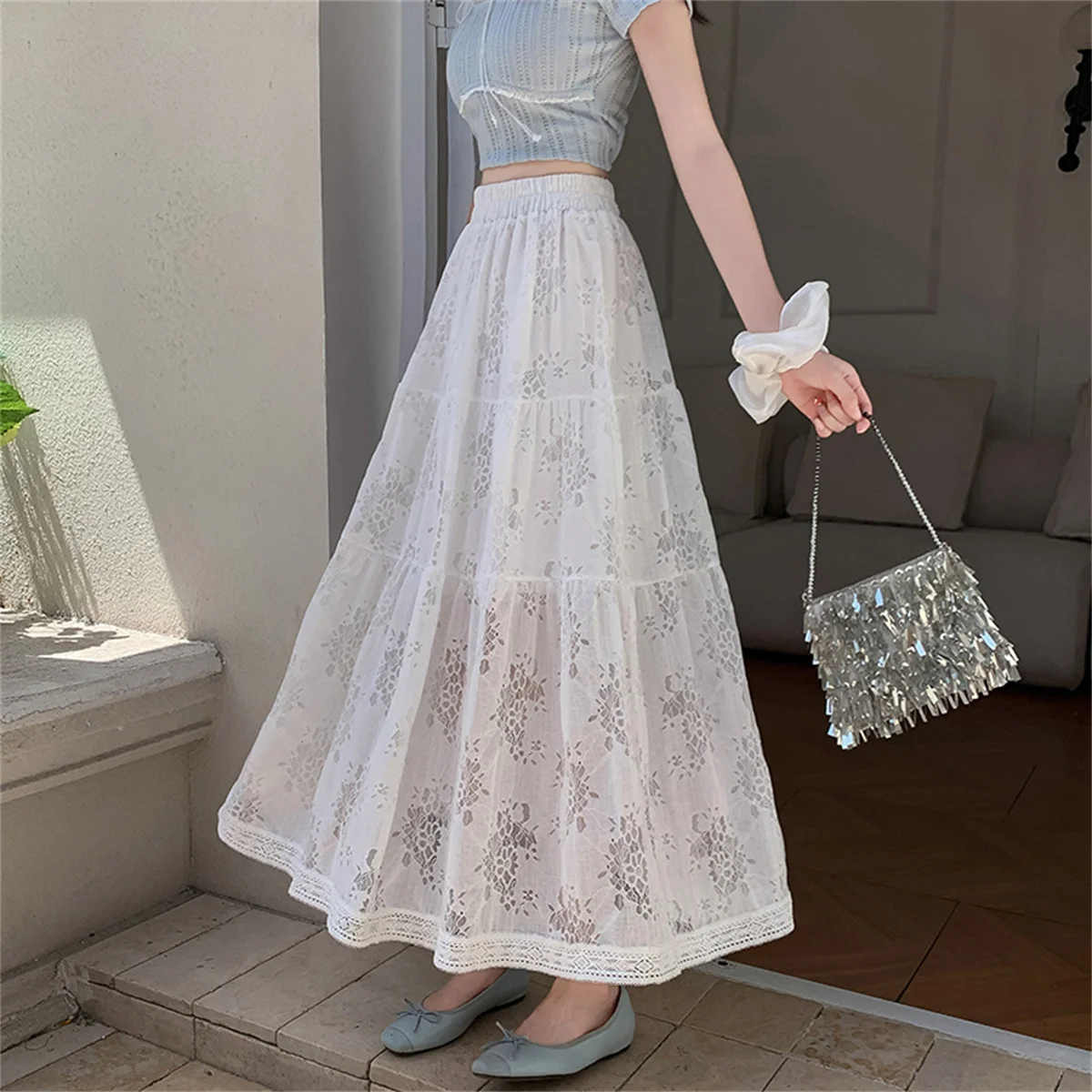 

High Quality Summer Versatile Mid Length Lace Skirt Chic Design Flower Jacquard Print High Waist White Long Skirt
