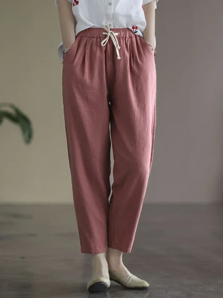 القطن الكتان سراويل تقليدية للنساء في 2024 جديد فضفاض سليم رقيقة الدانتيل متابعة الكاحل طول السراويل الرجعية مرونة الخصر سراويلي حريمي النساء #5