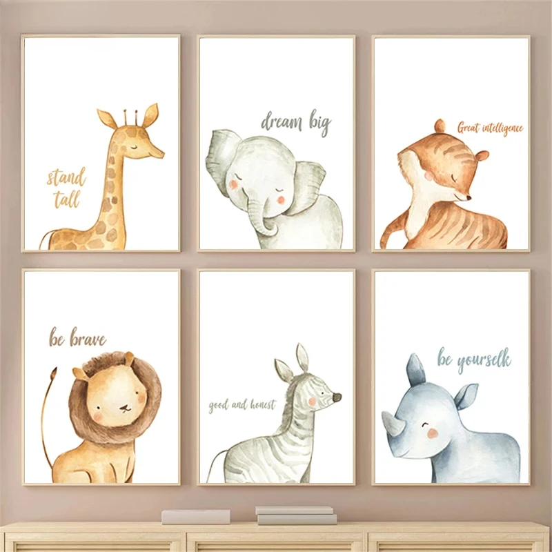 Safari Animals PosterCanvas  Be Brave Lion Stand Tall Giraffe Dream Big Elephant Print Painting Kids Baby Child Wall Art Picture