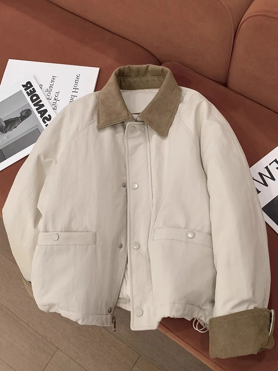 

Retro Korean Sle Patchwork Color Blo Collared Workwear Cotton Jaet Loose Casual Women's Autumn Winter Cotton Coat