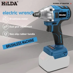 HILDA Electric Impact Wrench 18V Blue Brushless/Brushed Rechargeable 1/2 Socket Wrench Cordless Hand Drill for Makita Battery