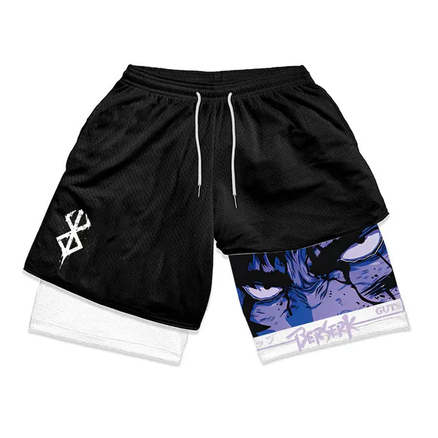 Anime Gym Shorts Men Bersek Guts Workout 2 In 1 Performance Sports Shorts Sportswear Summer 3D Mesh Fitness Quick Dry Sweatpants