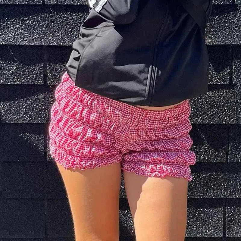 90s Vintage Folds Lounge Shorts E-girl Kawaii Streetwear Cottage Plaid Print Shorts Low Rise Frill Tiered Slim Fit Short Pants