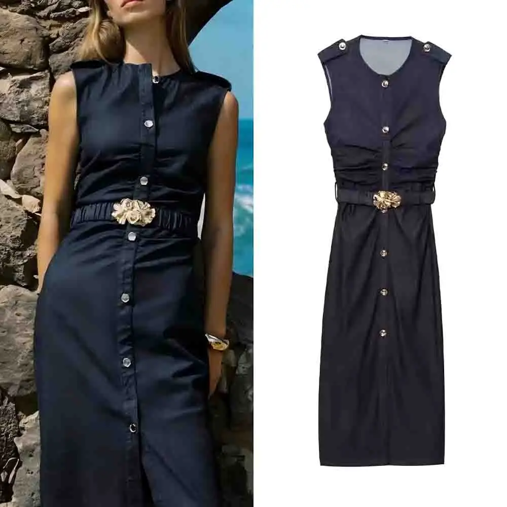 

Women's New fashion with Belt slim single breasted pleated denim Midi dress retro O-Neck sleeveless women's dress
