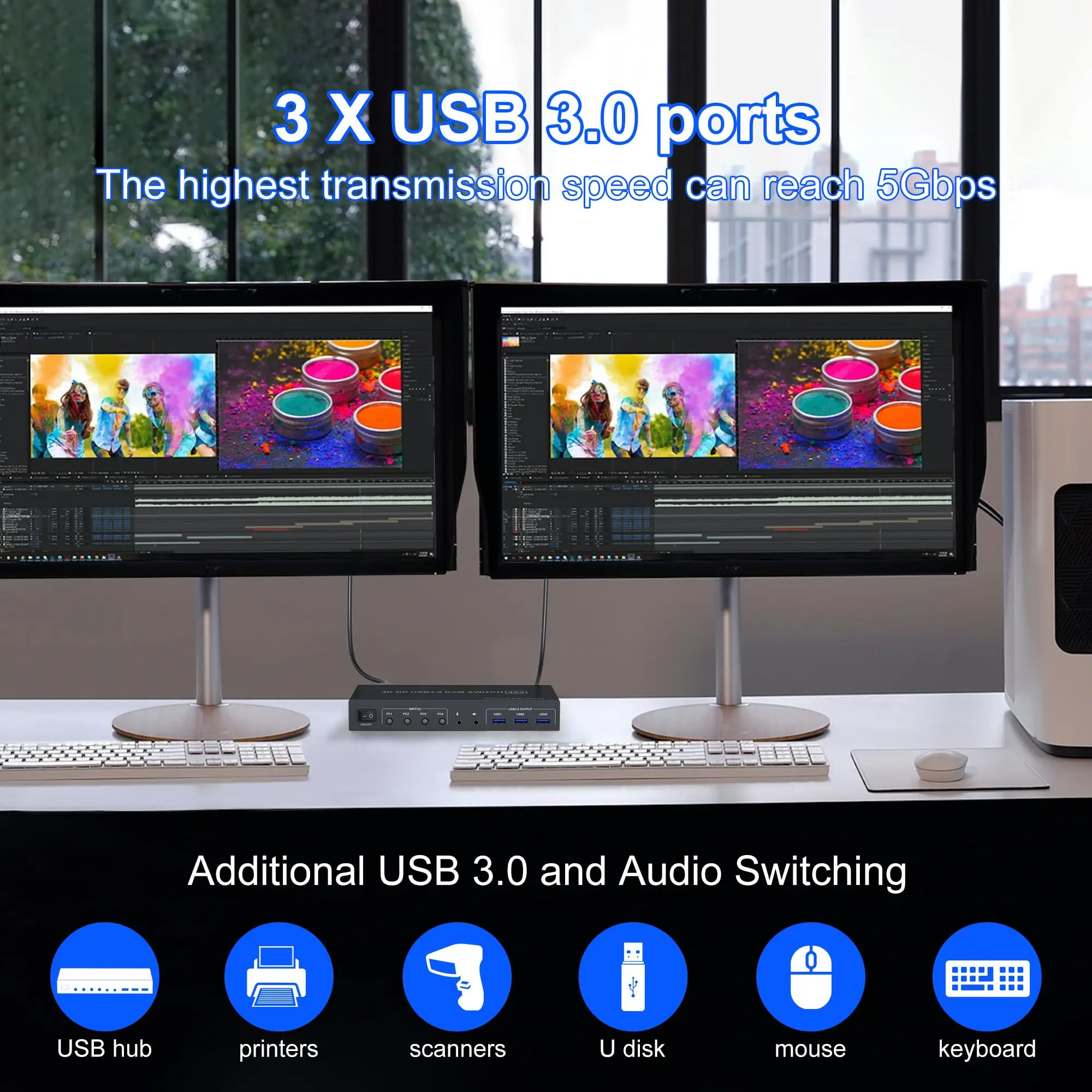 USB 3.0 kfmディスプレイポート,オーディオマイク出力,2台のモニター,4台のコンピューター,4k,デュアルモニター