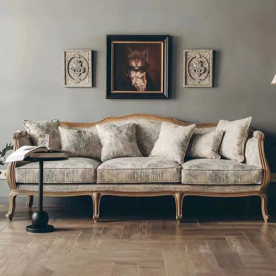 French retro, all solid wood sofa, American antique, villa three people, fabric design