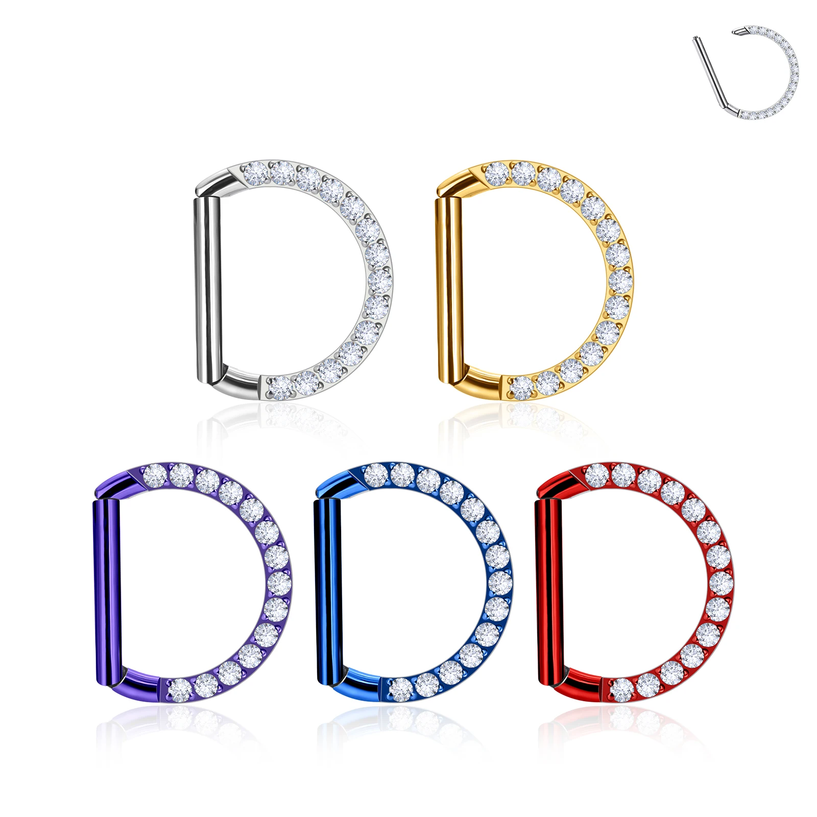 Titanium G23 Front 5A Zircon D-shaped Nose Septum Ring Punk Men's and Women's Perforated Jewelry Nose Ring Earrings