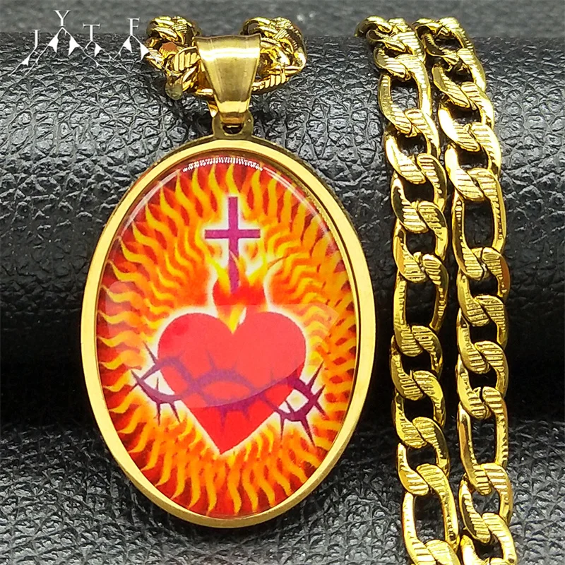 

Hip Hop Stainless Steel Sacred Heart Glass Oval Medal Cross Pendant Necklace Chain Gold Color Christian Necklaces Amulet Jewelry