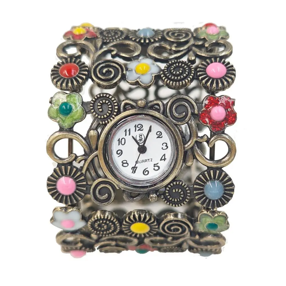 

Retro Alloy Women Vintage Watch Carved Design Flower Pattern Cuff Bangle Bracelet Watch Carved Flowers Watch Girl