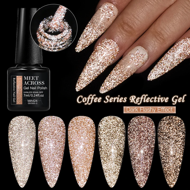 พบกับข้าม 7ml กาแฟสีน้ําตาลสะท้อนแสง Glitter เจลเล็บ Dark Flashy เล็บ UV เจลเคลือบเงาเล็บสําหรับเล็บ Soak Off