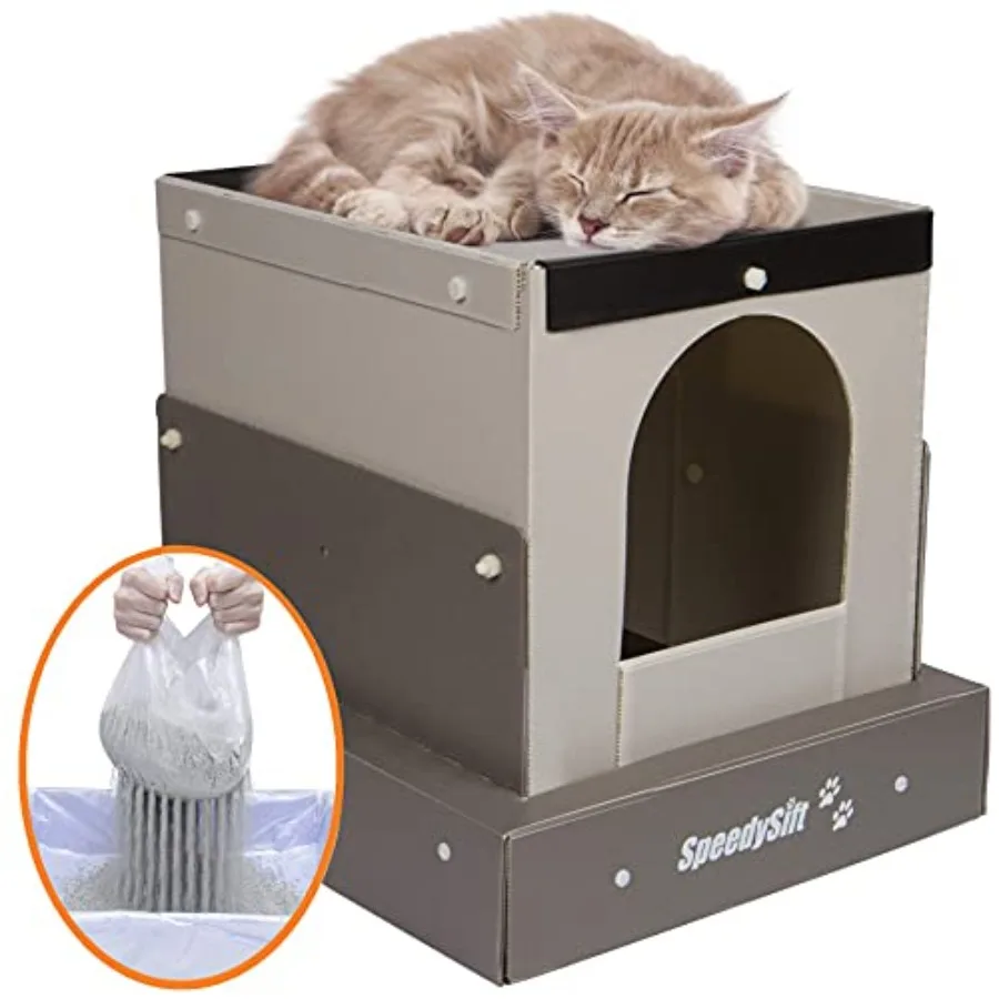 

Hooded Cat Litter Box Starter Kit Includes Disposable Sifting Liners Plastic Cardboard Box with 5 Year Warranty