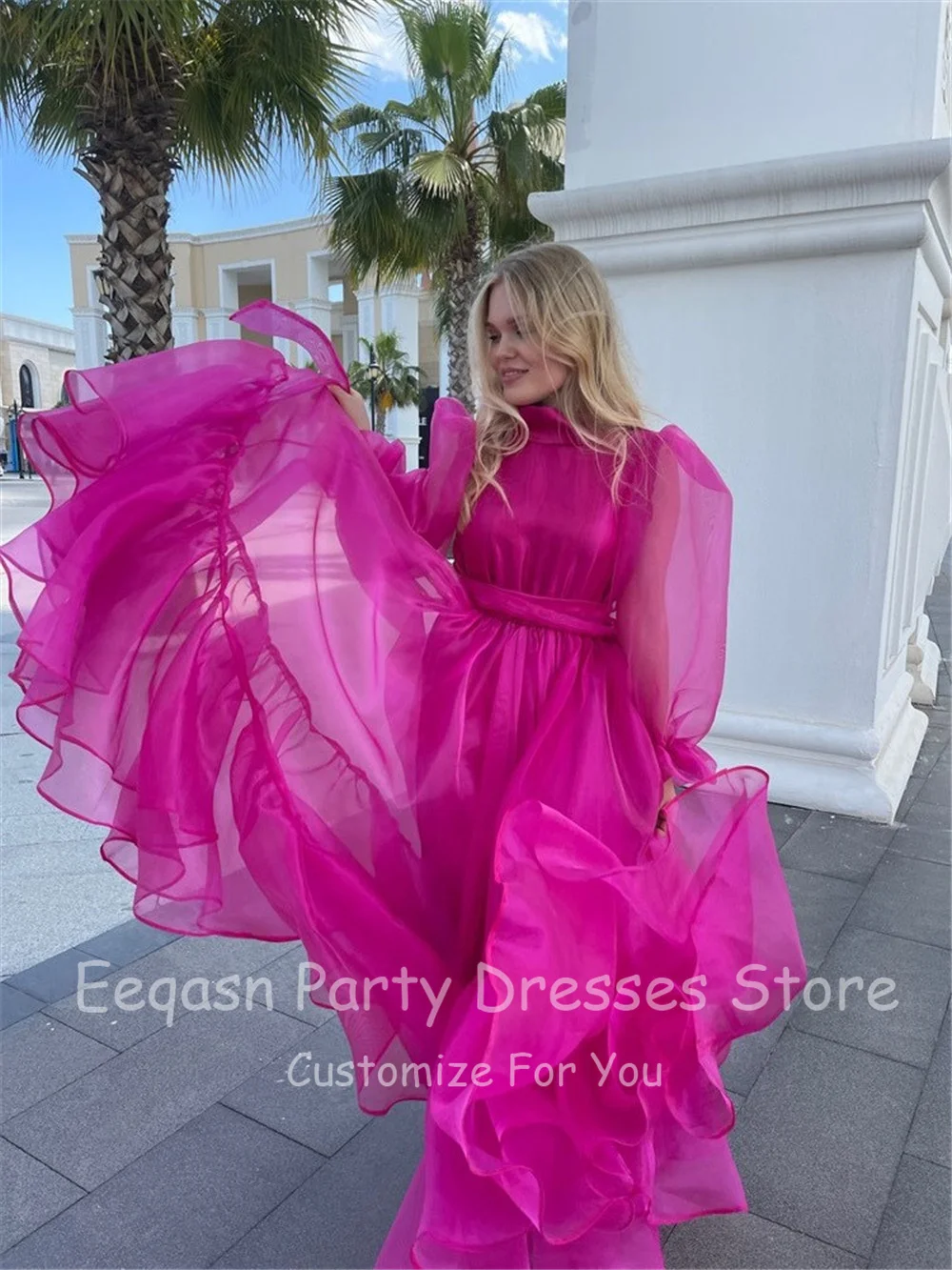 A Line Fuchsia Organza Evening Dresses High Neck Prom Party Dress Tiered Long Sleeves Women Gowns Formal Wedding Party Dress