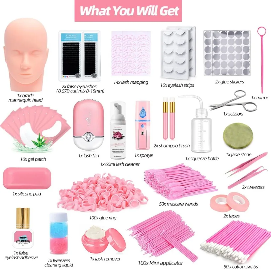 مجموعة وصلات الرموش الاحترافية مع رأس عارضة أزياء للتدريب المبتدئين: تتضمن فرشاة شامبو الرموش بمروحة USB 0.07D Cur