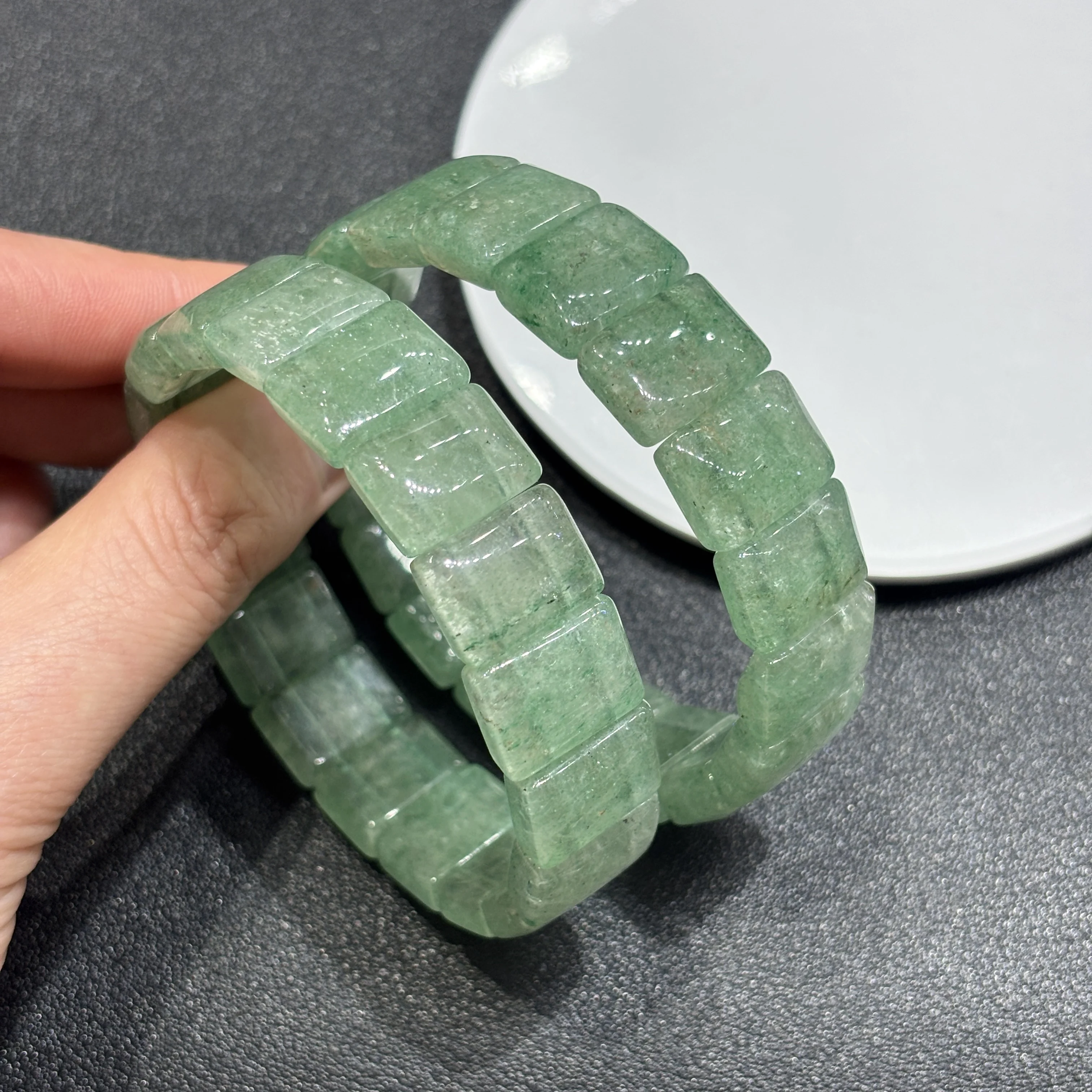 

Natural Green Strawberry Quartz Tablet Bead Bracelet, Geometric Square Beads, , Women's Minimalist Aesthetic Crystal Jewelry