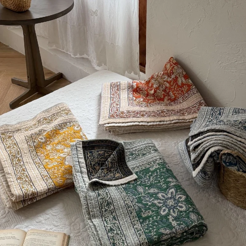 Vintage 4-Ply Gauze Cotton Throw Blanket, Handcrafted-Look Jacquard Bedspread, Bohemian Printed Coverlet for Bed & Couch