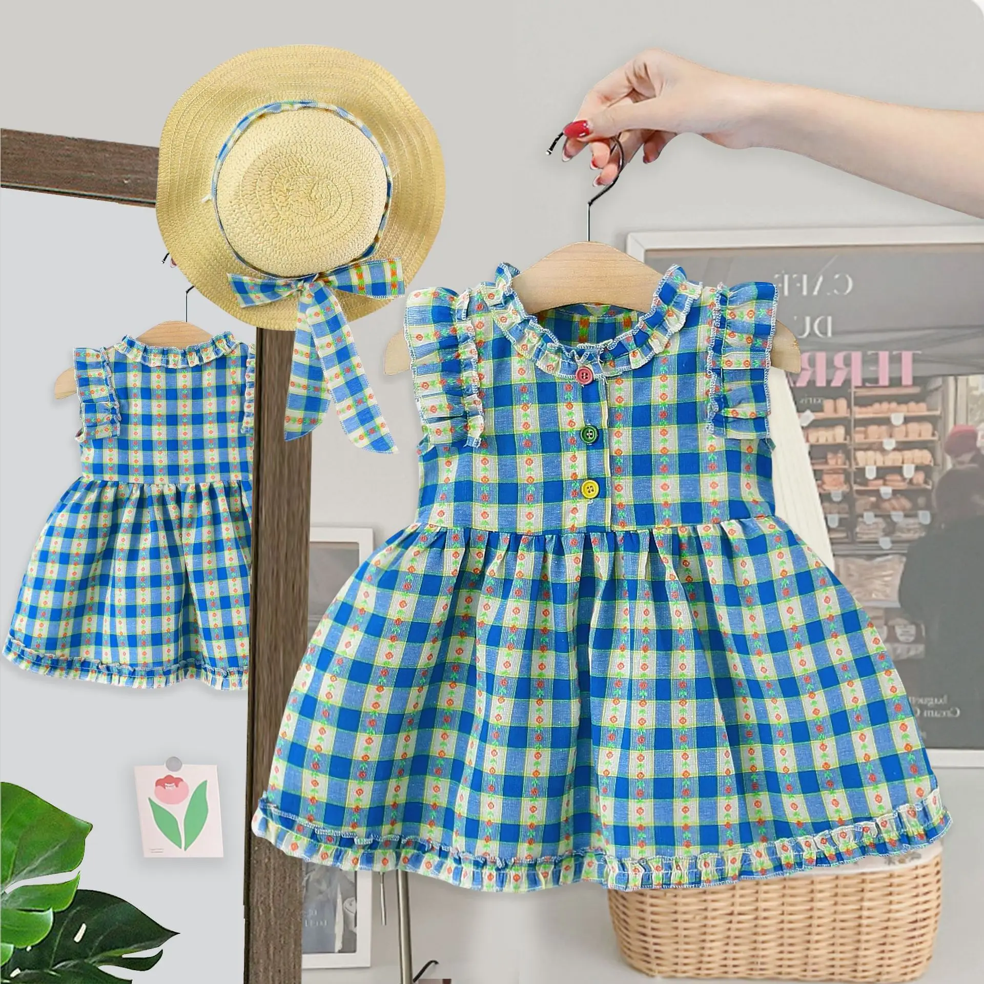 

Girl Kid's Dress Summer Plaid and Floral Patterns Simple Beach Baby Dresses Cute Casual Vacation Baby Girl Dress With Hat