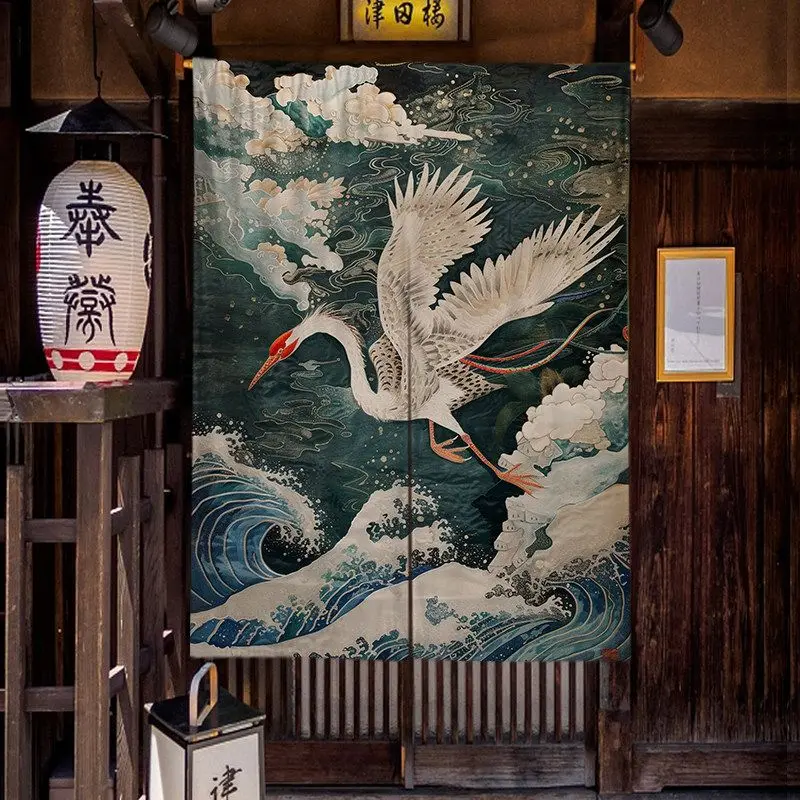 VIKAMA Japanese Retro Wave Crane Cloud Noren Doorway Curtain Room Divider Privacy Tapestry for Home Teahouse Art Home Decor