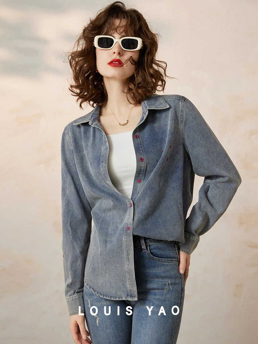 LOUIS YAO Women Denim Shirt 2024 Spring New Turn Down Collar Long Sleeve Embroidery Letter Washed Casual Loose Fit Blouse Top