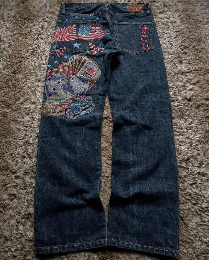

Y2K Baggy Men Deep Blue Jeans Oversized Vintage Flag Embroidery Hip Hop High Street Wide Leg Pants Gothic Harajuku Unisex Jeans