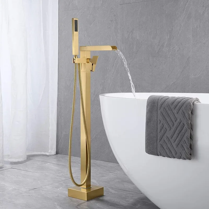 Brushed Gold Floor Standing Bathtub Faucet Waterfall Bath Tub Faucet With Handheld Shower Head