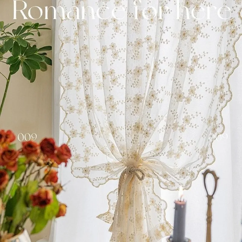 French Vintage Romantic Beige Lace Floating Window Curtains for Living Room Bedroom Partition No Hole Punch Curtains Home Decor