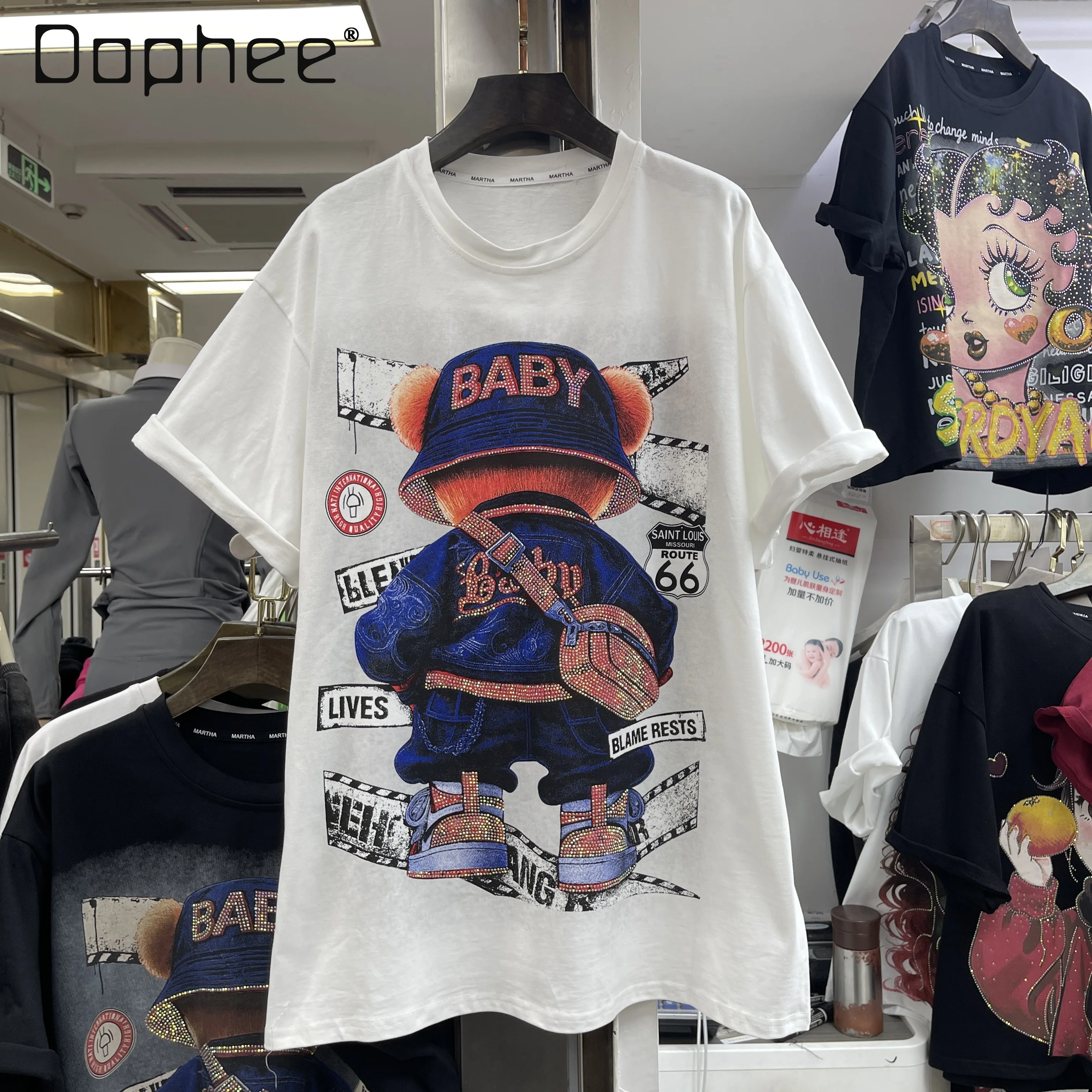 

Fashion Brand Heavy Rhinestone Backpack Bear Cotton Crew Neck Short Sleeve T-Shirt Loose Stylish Top for Women Autumn New