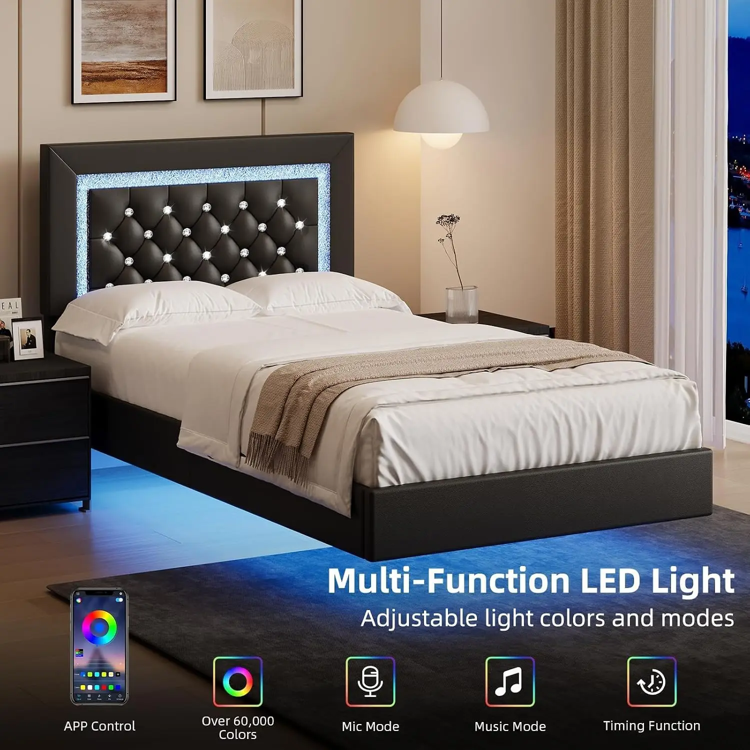 Floating Bed Frame with LED Lights, Upholstered Bed Frame Twin with Diamond Headboard, No Box Spring Needed, Noise, Custom view 5